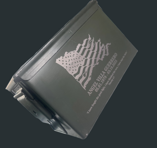 Custom engraved ammo can with personalized text and American flag design from Fallen Hero Gear.